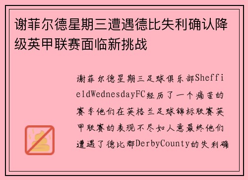 谢菲尔德星期三遭遇德比失利确认降级英甲联赛面临新挑战